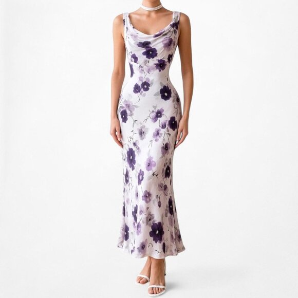 Vintage Purple Floral Slip On Maxi Sheath Cocktail Formal Dress Size S/M - Picture 1 of 8